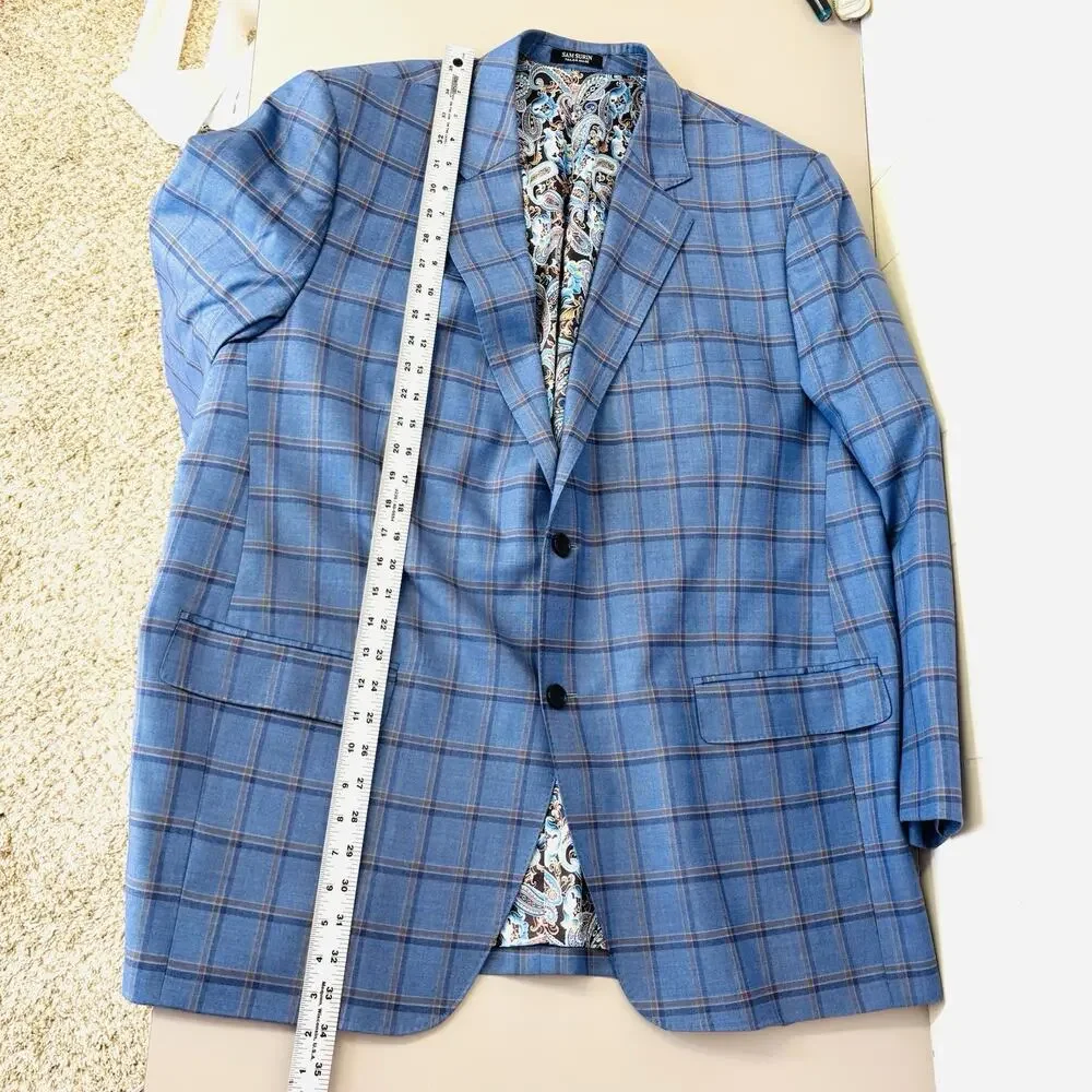 Sam Surin Blazer Jacket 2 Button Blue Plaid Size 50L Biella Italy Wool Fabric